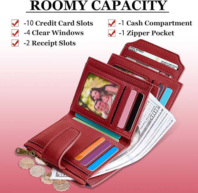 Airkit Small Wallet Women RFID Blocking Soft Leather Bifold Compact Card Holder Wallet for Women with Zipper Coin Pocket 4 ID Window