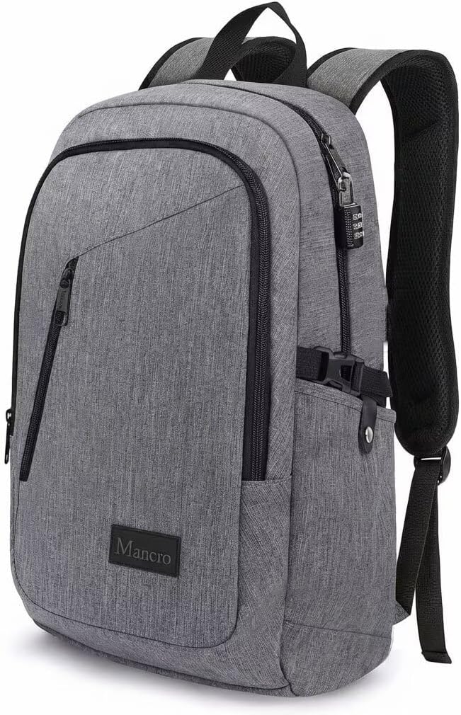 Mancro Laptop Backpack for Travel, Anti-theft Laptop Backpack for Men Business Backpack Work Daypack with Lock, Water Resistant Travel Computer Bag Daypack, Grey