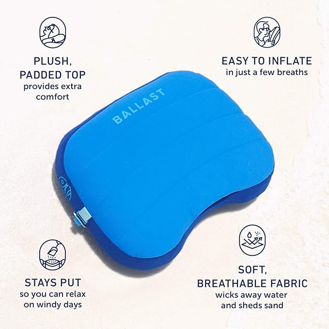Ballast Beach Pillow – Comfy, Durable & Compact, Stays Put on Windy Beaches with Patented Sand Pouch, Inflatable Pillow for Beaches, Pools, Camping, Festivals and Travel (Caribbean Turtles)
