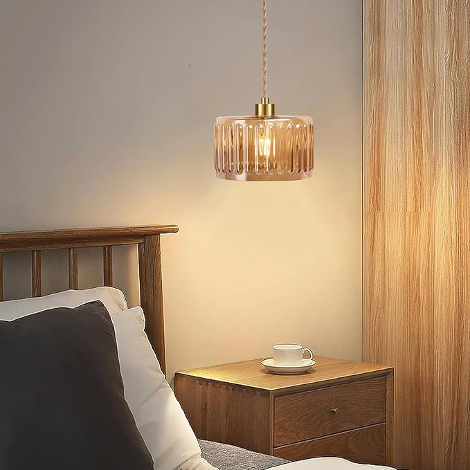 QIYIZM Plug in Pendant Light Hanging Lights with in Cord Mid Century Modern Gold Hanging Lamp Flower Glass Amber Vintage Dimmable Chandelier Ceiling Fixture for Living Room,Kitchen,Boho