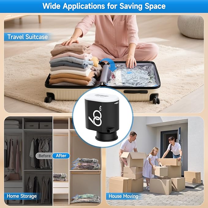 60 Kpa Cordless Electric Pump for Vacuum Storage Bags, Travel 3600mAh Rechargeable Electric Air Pump for Various Seal Bags, Portable Vacuum Pump for Space Saver Bag for Clothing, Luggage (Pump Only)