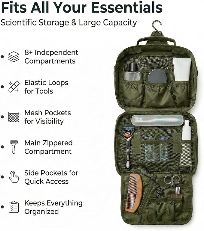Mens Toiletry Travel Bag, Tactical Toiletry Bag for Men, Bathroom Hanging Travel Toiletry Bag for Men Shaving Hygiene Bag Travel Toiletry Organizer Short Trips Bag, Green
