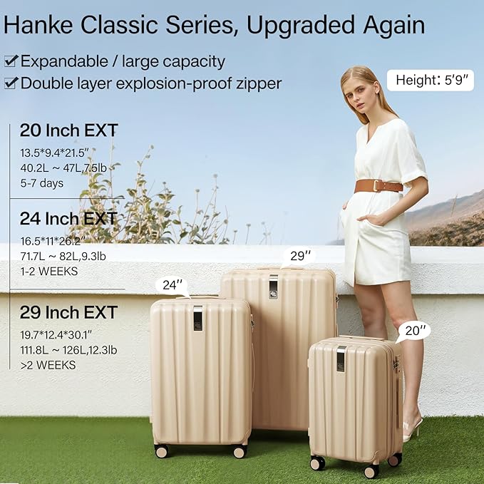 Hanke 29 Inch Expandable Checked Luggage Lightweight PC Hard Case Luggage Suitcases with Wheels Travel Luggage Rolling Large Suitcase Travel Luggage Bag for Study Abroad.(Cuba Sand Pink)