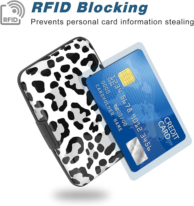 Credit Card Holder, Mini Aluminum Card Wallet RFID Blocking Slim Metal Hard Card Case for Women Men, White Leopard