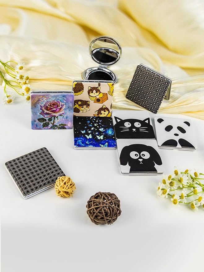 OMIRO 1X/3X Magnifying Mirror, Unique Painting Compact Mirror with Classical PU Leather (Ginger Cat)