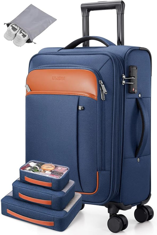 UKEIN Softside Expandable Carry On Luggage 22x14x9 Airline Approved, 20 Inch Suitcase with Wheels & TSA Lock, Travel Suitcase with 4-Piece Packing Bags for Women Men