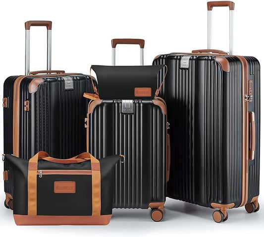 Luggage Set 3 Piece with Cup Holder,Hardshell TSA Lock Spinner Wheels Carry on Lightweight Suitcase，Hook and YKK Zippers for Valentine Gifts(Black, 5 piece sets(20/24/28/DB/TB))