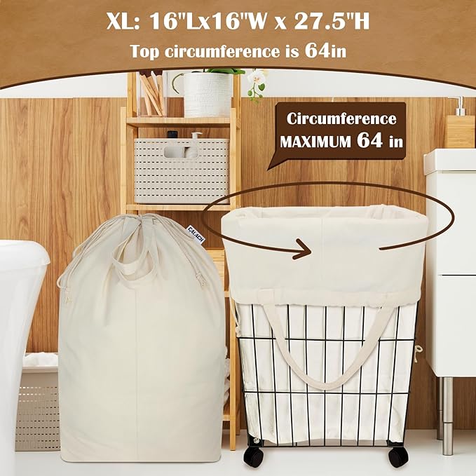 Canvas Laundry Bags with Handles & Square Base 16"Lx16"W x27.6"H, Extra Large Heavy Duty Laundry Basket Hamper Liner, Washable Drawstring Dirty Clothes Bag Canvas Storage Sack(Beige,1 Pack)