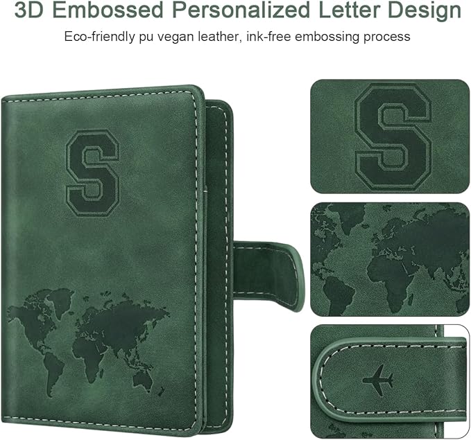 Personalized S Passport Holder Cover Initial Letter Travel Wallet RFID Blocking Passport Cover Credit Card Holder Case Passport Book Holders for Women and Men, Pine Green-S