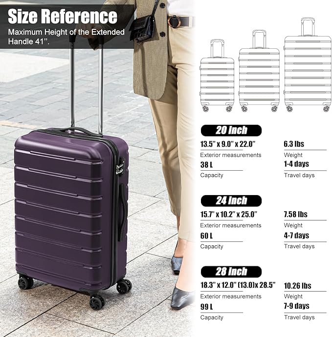 Coolife Luggage Suitcase Carry-on Spinner TSA Lock USB Port Expandable (only 28’’) Lightweight Hardside Luggage (Purple, S(20in_carry on))