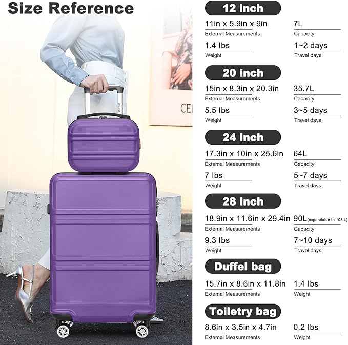 Kono Suitcase Set 3 Piece Luggage Set Expandable(only 28") Lightweight PC+ABS Carry On Hardside Luggage with TSA Lock Spinner Wheels (Purple, 6 piece set)
