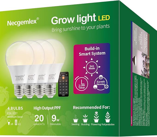 Smart Grow Light Bulbs for Indoor Plants, Programmable Timer and Dim | Full Spectrum Plant Grow Bulbs, Dimmable, 9W, E26/27, 4500K, Remote Control, Sun Mimics Mode, Daily Auto On/Off, 4Pack