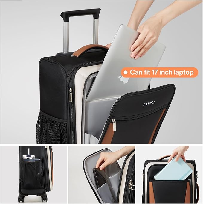 mixi Carry On Luggage 20 Inch Softside Expandable Suitcase with Front Pocket, 22x14x9 Airline Approved Rolling Lightweight Travel Suitcases with Wheels & TSA (Black-Off White)