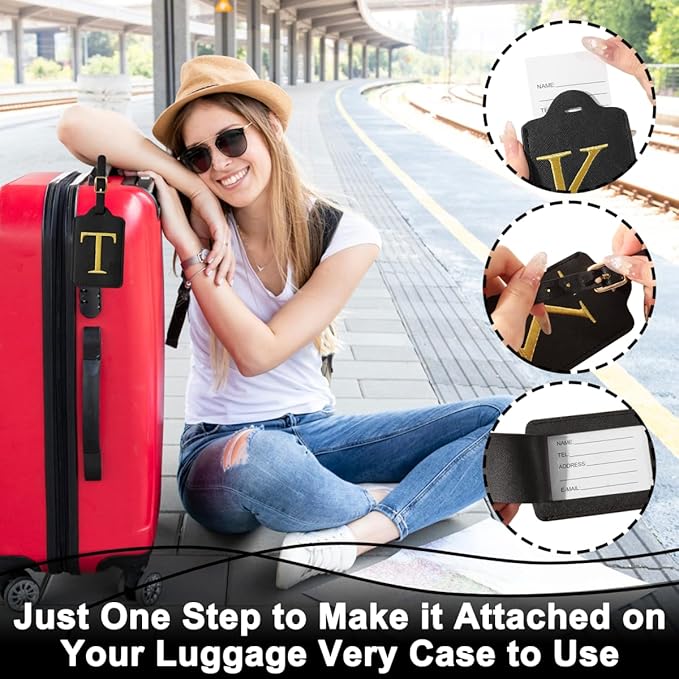 Personalized Initial Luggage Tags for Suitcases,Leather Letter Cute Luggage Tags with Privacy Name Card,Embroidered Monogrammed Travel Bag Backpack Tag Gifts for Women Kids Girls Teens(Black-O)