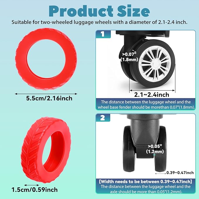 Ymapinc 8-PCS Red Silicone Luggage Wheel Covers, Anti-Slip Suitcase Protectors for 2.1-2.4 Inch Rolling Roller Wheels