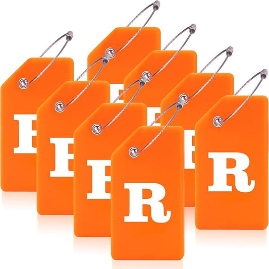 Gostwo 8 Pack Luggage Tags for Suitcases, 26 Initial Letter Travel Luggage Baggage Identification Labels ID Tags Fully Bendable Tags with Stainless Steel Loop (Letter R, Orange)