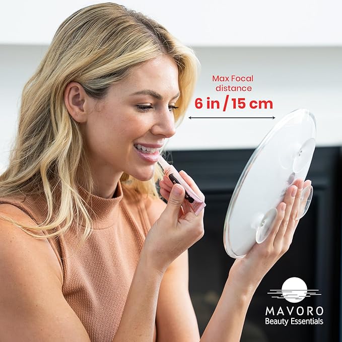 Mavoro 9'' Magnifying Mirror with 3 Strong Suction Cups | 5X Magnification | Portable Travel Makeup & Cosmetic Mirror (5X)