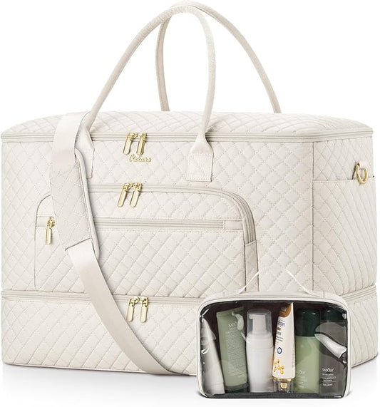 Travel Duffle Bag, Wide Open Large Weekender Bag for Women with Shoe Compartment, Carry on Overnight Bags with Toiletry Bag, Hospital Bag for Women Labor Delivery with Wet Pocket (Cream)