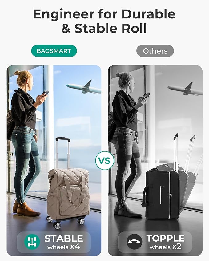 BAGSMART Rolling Duffle Bag with Wheels, 35L Carry on Travel Bag with Detachable Wheels, PVC Wet Pocket Duffel bag with Wheels, Baby Pink