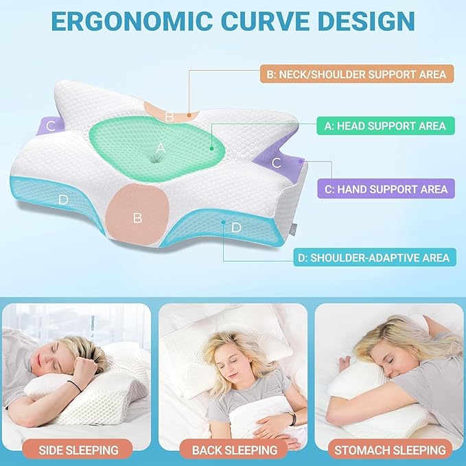 Elviros Cervical Memory Foam Pillow, 2 Pack Pillows for Neck and Shoulder Pain, Ergonomic Orthopedic Sleeping Neck Support Pillow for Side Sleepers, Stomach Sleepers (Grey)