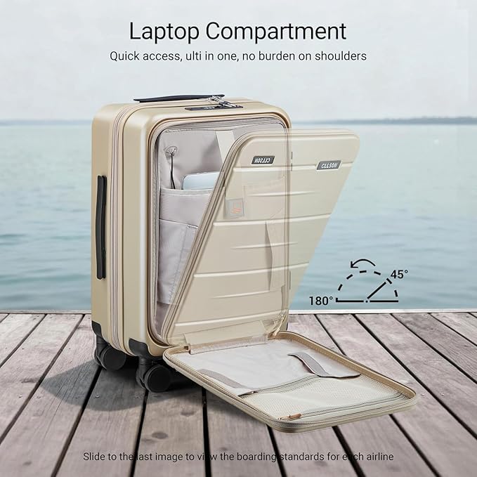 Carry On Luggage with Top Opening, Expandable with Front Pocket and USB Charging Port, Lightweight with Front Compartment Rolling Suitcases with Spinner Wheels (Khaki, 20 Inch)