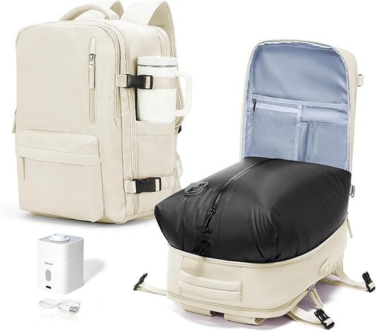 VECAVE Vacuum Travel Backpack with Pump for Women,Airback Personal Item Carry on Backpacks Flight Approved 18x14x8 inches for Men,Laptop Waterproof Work Compression bags Casual Daypack. (Beige)