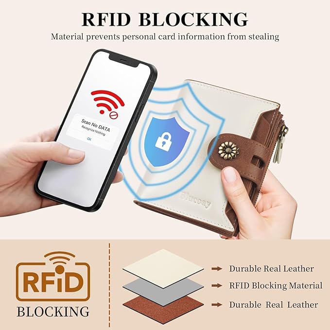 Wallet Women,RFID Blocking Leather Womens Wallet Bifold Compact Card Holder Small Wallet for Women with Removable ID Window(Whitebrown)
