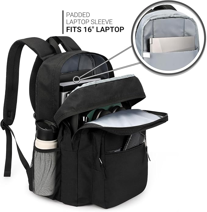 ZORFIN 36L Black Backpack for College, and Travel: Water Resistant Bookbag