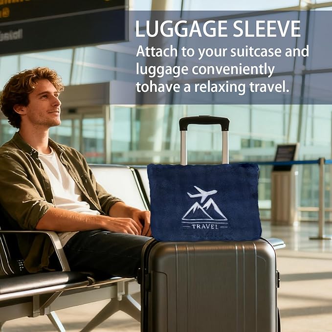 Travel Blanket and Pillow-2-in-1, Ultra-Soft&Compact,Airplane Blanket with Hand Luggage Belt and Backpack Clip,Travelers Accessories Gifts, 61x43 Inches（Navy）