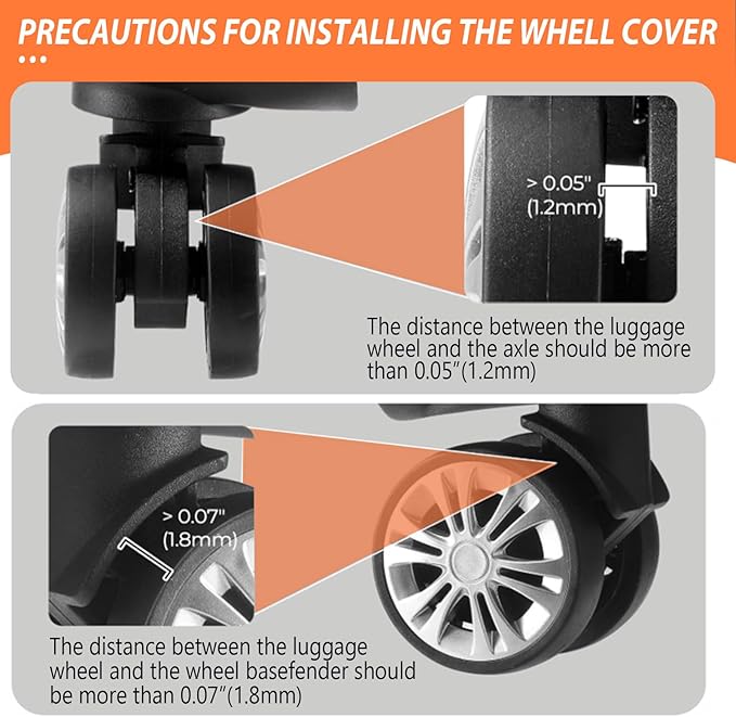 8-Piece Silicone Luggage Wheel Covers-For Dual-Row Spinner Wheels (2.0"-2.4")Diameter Only-Reduces Noise and Prevents Scratches-Designed for Wheels with a Top Clearance Greater Than 0.12" (Orange)