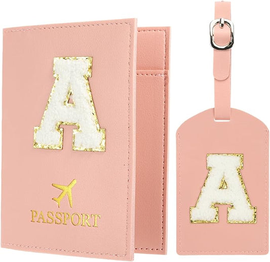 PATIKIL Passport Holder for Travel, Initial Passport Cover and Luggage Tag Set with Alphabet Chenille Letter Patch Travel Wallet Bag Suitcase Identifier for Women Family Travel Pink A