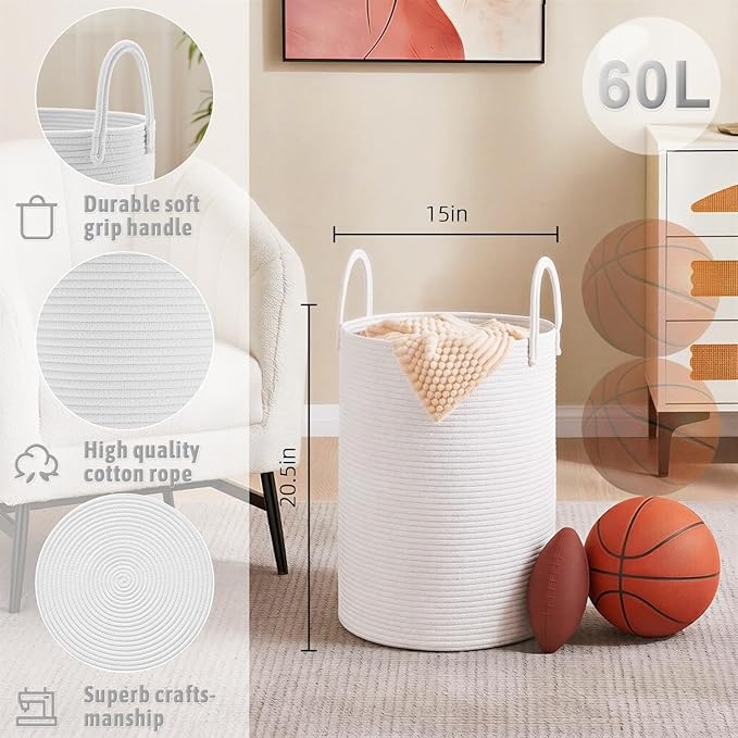 Laundry Basket,Woven Cotton Rope Laundry Hamper,60L for Decorative Storage of Dirty Clothes,Toys and Blankets in Bathroom,Baby Room and Living Room