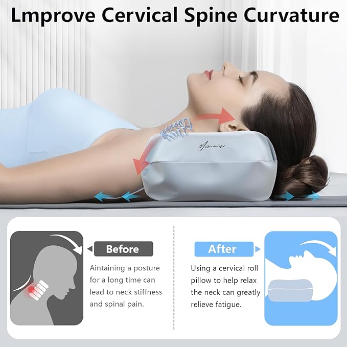 Cervical Neck Pillows for Tension Muscle Relief, Neck Roll Pillow for Side Sleepers, Camping & Travel Neck Support Memory Foam Pillow, Cervical Traction Device with Storage Bag