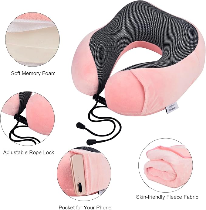 Travel Blanket and Pillow Set - Travel Neck Pillow & Blanket for Airplane, Thick Fleece Blankets Campact with Bag, Memory Foam Neck Pillows, Sleep Mask, Earplugs for Plane Traveling Essentials, Pink