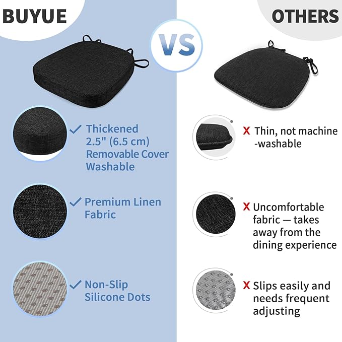 BUYUE Thickened 2.5" Dining Chair Cushions Set of 4, U-Shape High Density Foam Comfortable Chair Pads for Kitchen, Slip Resistant Indoor Seat Cushions (4 PCS, Black)
