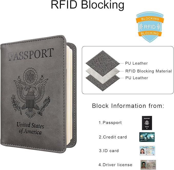 WALNEW Passport Holder Wallet, RFID Blocking Passport Cover Case PU leather Card Holder with Pen and Clear Card Slot for Women Men, Gray