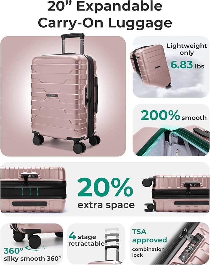 BAGSMART Carry On Luggage 22x14x9 Airline Approved with Spinner Wheels,Lightweight 20 Inch Luggage with TSA Lock,Expandable Hard Shell Carry On Suitcases for Men Women,Rose Gold