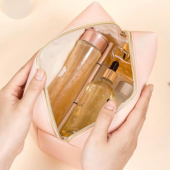 GFU Makeup Bag Large Travel Zipper Cosmetic Pouch, Water Resistant PU Leather Toiletry Organizer for Women and Girls, Light Champagne Pink