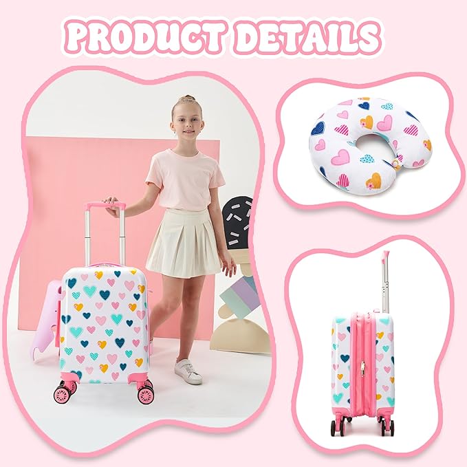 Kid's Luggage Set 2 Piece Suitcase Set Hardside Luggage with Spinner Wheels Girls Carry on Toddler Travel Rolling Suitcase with Neck Pillow Airline Approved