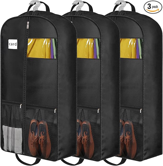 8" Gusseted Heavy Duty Garment Bags for Travel 43"" Suit Bags for Closet Storage Hanging Clothes Bag with Pockets Mens Suit Holder for Shirts, Coats, Dresses, 3 Pack