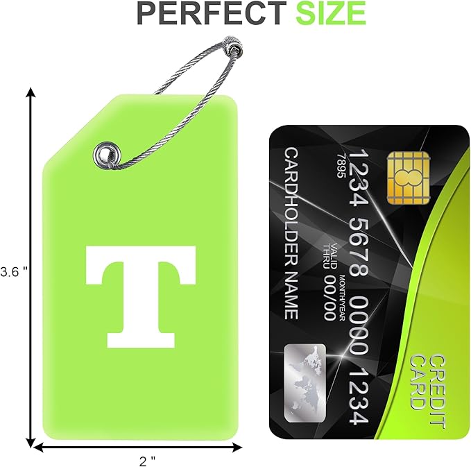 Gostwo 8 Pack Luggage Tags for Suitcases, 26 Initial Letter Travel Luggage Baggage Identification Labels ID Tags Fully Bendable Tags with Stainless Steel Loop (Letter T, Green)