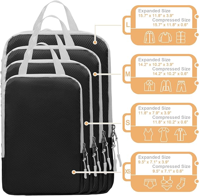 WOOMADA Compression Packing Cubes for Suitcases Travel Essentials 4 Set Expandable Travel Bags Organizer for Luggage(black)
