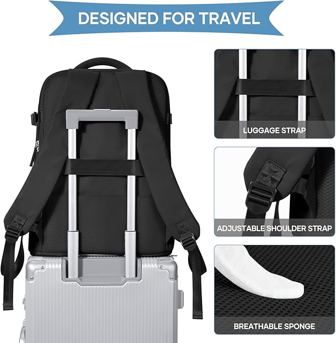 coowoz Large Travel Backpack For Women Men,Carry On Backpack Flight Approved,Hiking Backpack Waterproof Outdoor Sports Rucksack Casual Daypack Fit 15.6 Inch Laptop Shoes Compartment (Black)