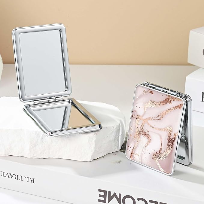 Pocket Mirror, Small Travel Mirror with Magnification, Portable Double-Sided Magnifying Cosmetic Mirror for Daily (Golden Marble)