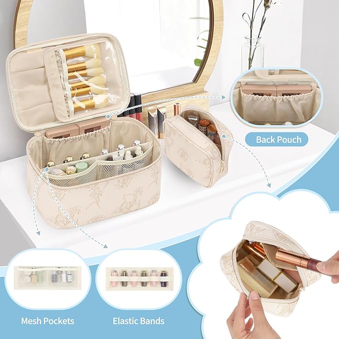 OCHEAL Makeup Bag Set, Portable Travel Makeup Bags Cosmetic Organizer Bag for Women Cute Floral Cosmetic Pouch Large Capacity Make up Bag PU Leather Toiletry Bags with Divider and Handle-Beige