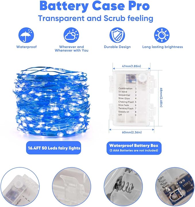 Ariceleo 1 Pack 16.4 Ft. Battery Operated Outdoor String Lights with Remote & Timer, LED Blue Fairy Lights, Waterproof Twinkle Lights for Bedroom, Dorm, Mason Jar, Wedding, Party, Christmas