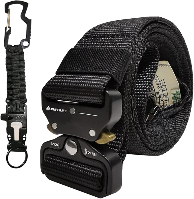 Tactical Style Travel Money Belts - Hidden Pocket Concealed Zipper Nylon Belt for Man Waist Below 42 Inches Included EDC Paracord Keychain 2 Items in Pack - Black