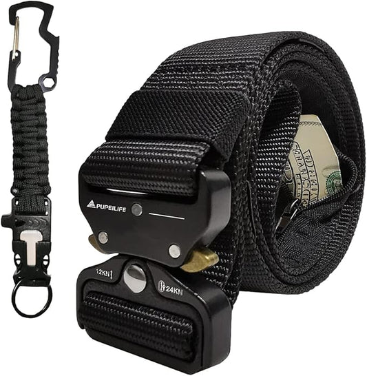 Tactical Style Travel Money Belts - Hidden Pocket Concealed Zipper Nylon Belt for Man Waist Below 42 Inches Included EDC Paracord Keychain 2 Items in Pack - Black