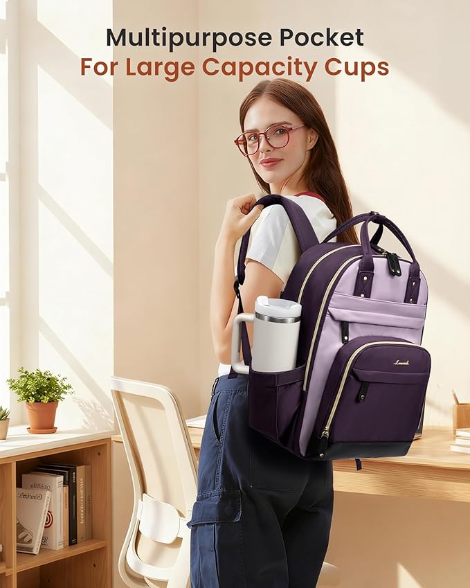 LOVEVOOK Laptop Backpack for Women with Giant Tumbler Holder Pocket,17 inch School College Book Bag Nurse Teacher Backpack,Work Travel Backpack Purse Laptop Computer Bag, Dark purple-Purple-Rust red