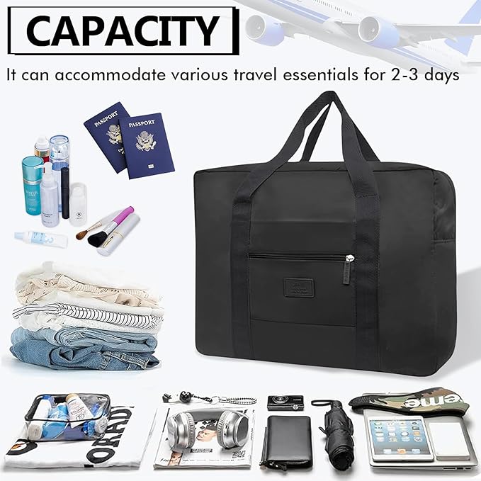 Travel Duffel Bag Lightweight Foldable Travel Bag for Women and Men Waterproof Tote Carry On Luggage Bag Weekender Overnight Bag (Black)